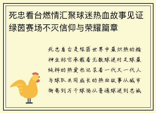 死忠看台燃情汇聚球迷热血故事见证绿茵赛场不灭信仰与荣耀篇章