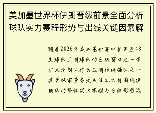 美加墨世界杯伊朗晋级前景全面分析球队实力赛程形势与出线关键因素解读 美加墨世界杯伊朗晋级前景全面分析球队实力赛程形势与出线关键因素解读